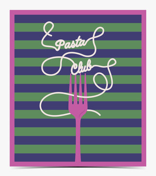 Naklejki Pasta Club - funny greeting card, poster, template, label with spaghetti on the pink fork, striped green and purple background, vector illustration