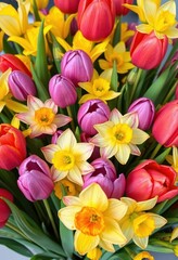 Vibrant spring bouquet of tulips and daffodils in full bloom, floral, texture