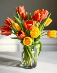 Vibrant tulips in a vintage glass vase, soft light, leaves, nature, old fashioned