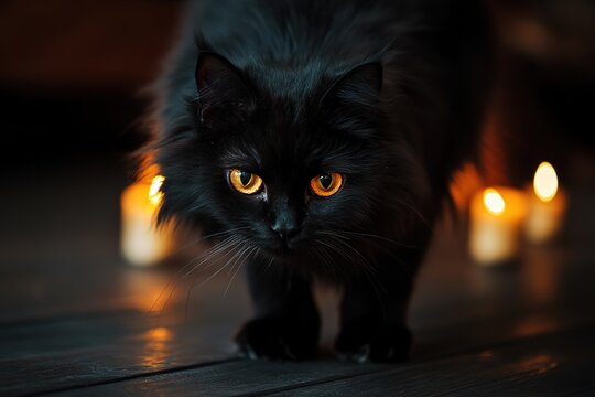 A Beautiful Black Cat Is Focused In A Low Lit Room