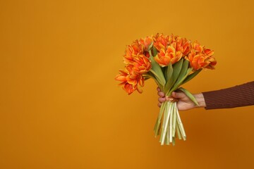 Woman with bouquet of beautiful tulips on dark orange background, closeup. Space for text
