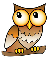 Owl - full color stock illustration. A small big-headed owl with big eyes sits on a branch - a picture for children. Brown speckled nocturnal bird for a children's book or print	