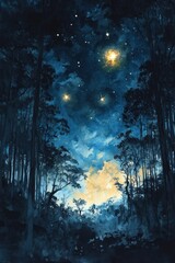 A nocturnal watercolor painting depicting a starry night forest scene