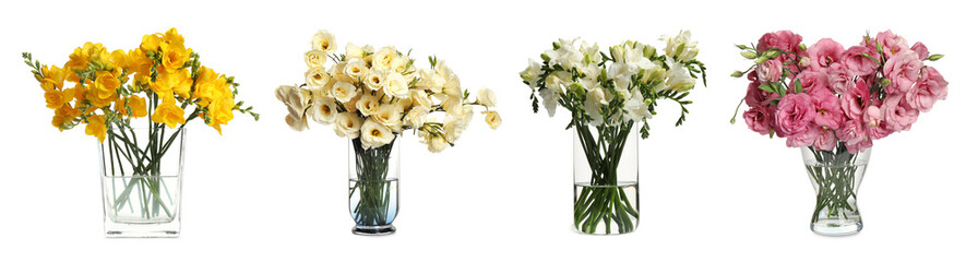 Bouquets of freesia and eustoma beautiful flowers in different glass vases isolated on white, set