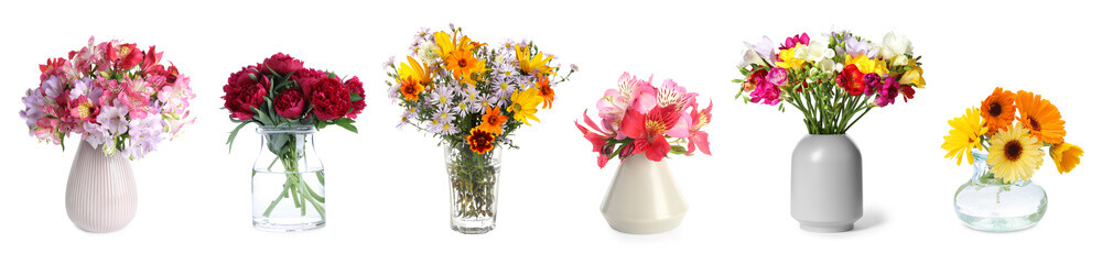Bouquets of different beautiful flowers in vases isolated on white, set