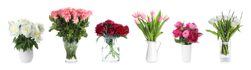 Bouquets of different beautiful flowers in vases isolated on white, set