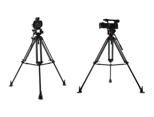 Modern video camera with tripod on white background, collage. Professional equipment