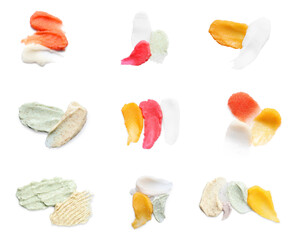 Different samples of natural scrubs on white background, collage. Top view