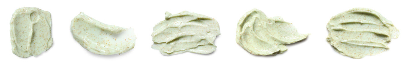 Samples of natural scrub on white background, set