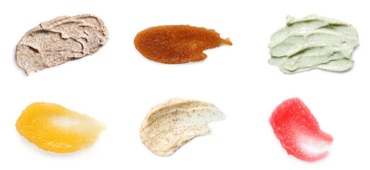 Different samples of natural scrubs on white background, set