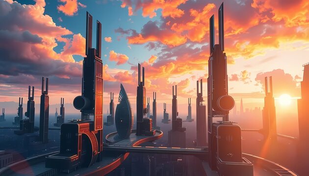 Futuristic cityscape at sunset with sleek skyscrapers and vibrant orange clouds