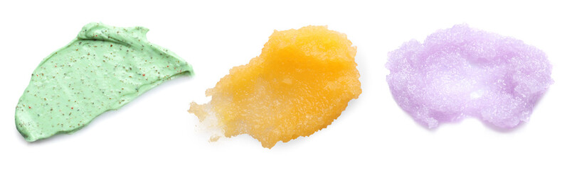 Different samples of natural scrubs on white background, set. Top view