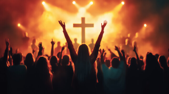 Christians Raising Their Hands in Praise and Worship at Night Music Concert