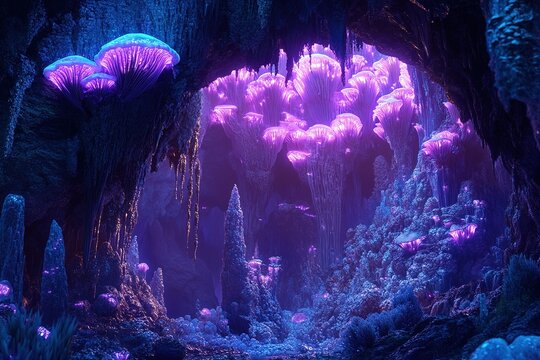 A beautiful glowing cavern filled with otherworldly vibrant fungi