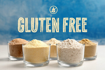 Gluten-free flours in bowls on white table