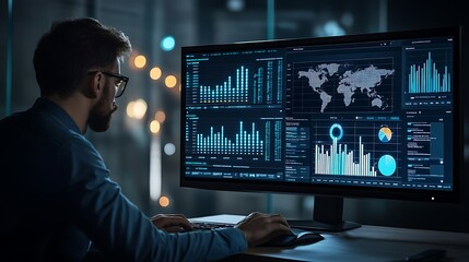 Data analyst working on computer analyzing data charts graphs business intelligence dashboard analytics screen