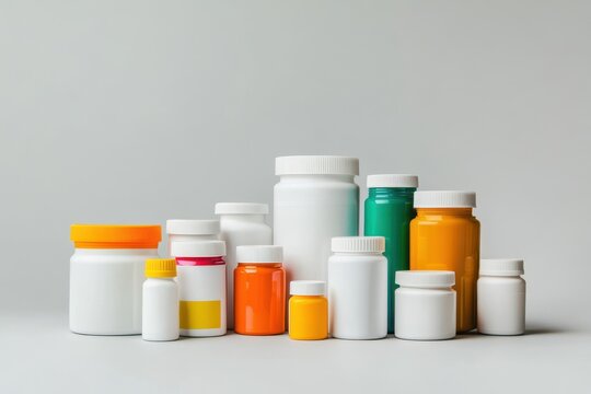 Assorted plastic chemical blank containers in various sizes and colors arranged on light gray background for labeling or packaging mockup