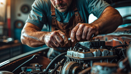 A focused mechanic expertly repairs a car engine in his garage, ensuring peak automotive performance.