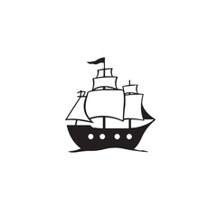 Ship silhouette on white background. Ship icon. Boat logo. Vector illustration.