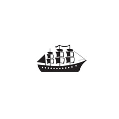 Ship silhouette on white background. Ship icon. Boat logo. Vector illustration.