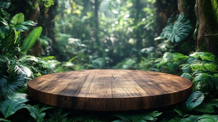 Wooden Round Table Tropical Jungle Lush Green Foliage Natural Background Summer Product Display Mockup Advertising Nature Scene Relaxing Environment  