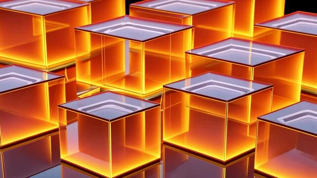 Dynamic transformation of glowing geometric glass cubes in futuristic animation