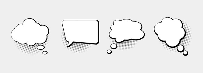 Fototapeta premium Set of empty comic speech bubbles with black halftone shadow on white background. Thinking bubbles, hand drawn pop art and vintage speech clouds design