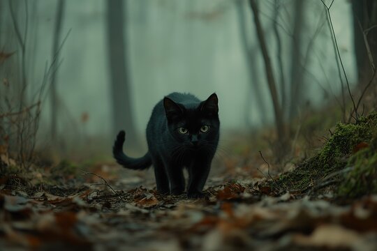A black cat walks on a path in a forest setting