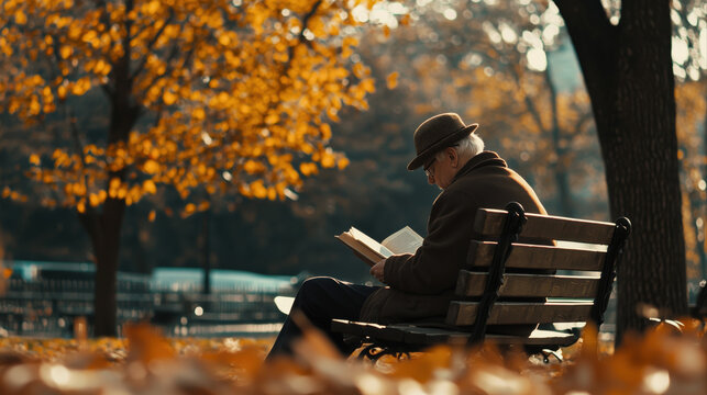 peaceful elderly man, surrounded by autumn leaves, reading book on a wooden bench in central park, new York City. warm colors of fall create serene atmosphere, enhancing joyful expression