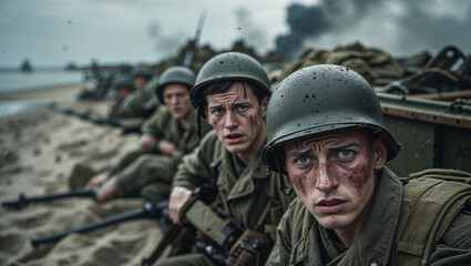 Determined soldiers huddle on a war-torn beach, ready for battle during World War II.