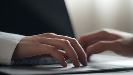 Hands type quickly on laptop keyboard in office workspace detail productivity