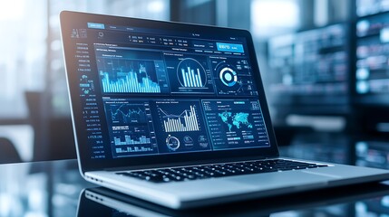 Laptop displaying data analytics dashboard business intelligence and data visualization charts and graphs