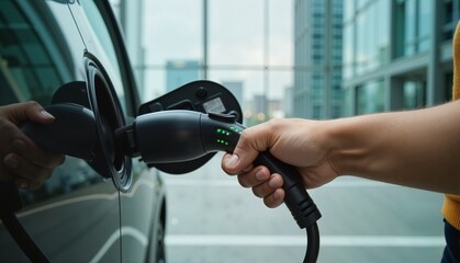 Hand connecting an electric vehicle charger to a car at a modern charging station with a sleek urban background, showcasing sustainable mobility concept of automotive and technology