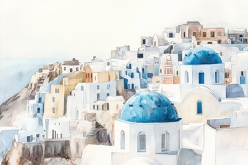 Fototapeta premium A watercolor painting showing a charming coastal town scene
