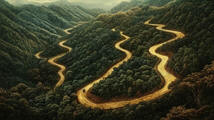 Obraz premium Winding mountain road through lush green forest, aerial view.