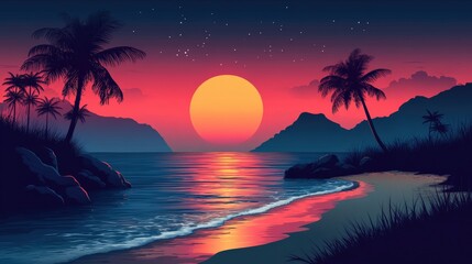 Vibrant sunset over a tropical beach with palm trees and silhouette mountains. Ideal for travel, vacation, and relaxation themes.