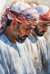 Watercolor painting shows two men wearing traditional head coverings and beards