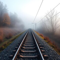 Fototapeta premium Single track railway disappearing into morning mist, train track, blue, damp