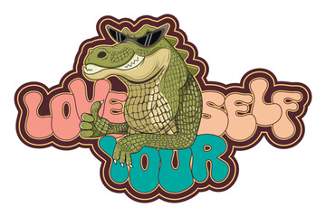 Vector illustration of a funny crocodile. Crocodile in sunglasses. Thumbs up. Print for clothes. Sticker