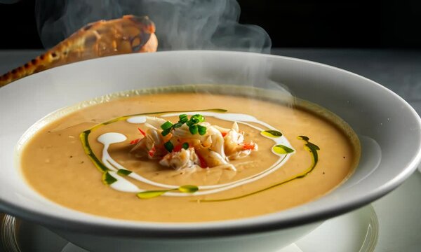Steaming bowl of creamy lobster bisque with garnish and bread