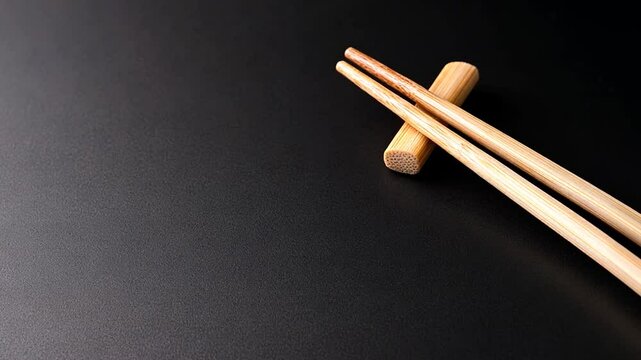 Elegant wooden chopsticks resting on a bamboo holder against a smooth black background