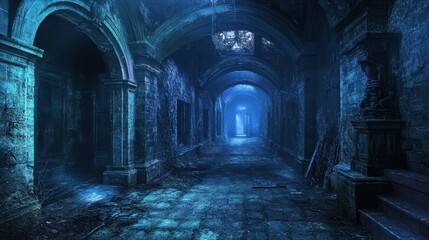 Mysterious abandoned stone corridor with eerie blue lighting