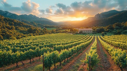 Fototapeta premium Stunning vineyard at sunset, rolling hills, rustic farmhouse, idyllic rural landscape. Perfect for wine, travel, and agriculture themes.
