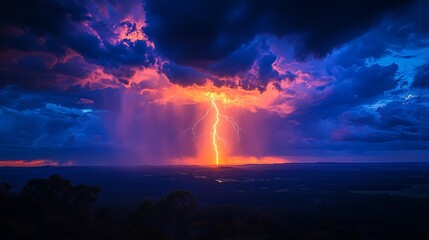 Dramatic Lightning Strike at Sunset Fiery Orange and Blue Sky Stunning Nature Photography Powerful Storm Cloudscape Intense Weather Phenomenon        