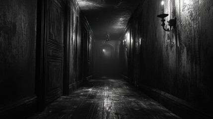 Spooky dimly lit abandoned corridor with flickering candlelight