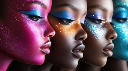 Obraz premium Creative makeup on african females showcasing bold colorful designs