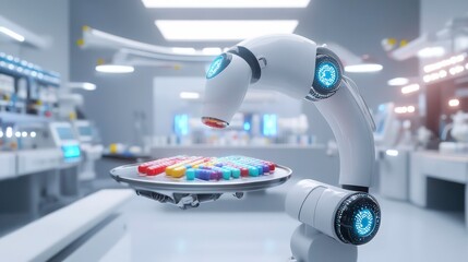Medical robot carries medication tray in clinic. Modern robot delivers colorful pills in sterile white facility. Hospital tech handles meds. Futuristic tech for healthcare. Automation in modern