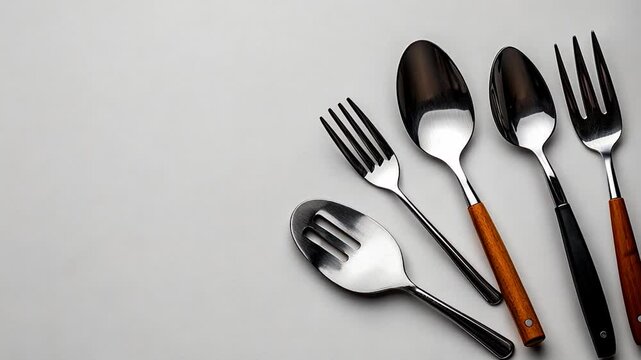 A collection of various cutlery including forks and spoons arranged on a neutral background
