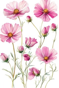 Delicate watercolor painting showcasing several beautiful pink cosmos flowers