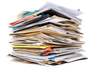 A large stack of assorted papers and documents is visible
